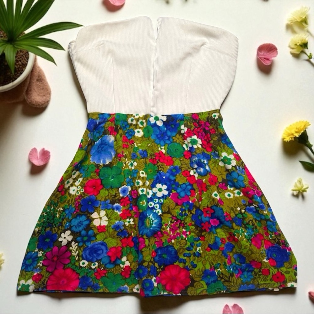 Handmade Vintage Strapless Couture Mini Dress – 1960s Floral Garden Party